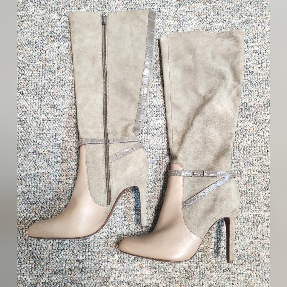 Coach Ursala Knee High Heeled Suede/ Leather Boot Light Beige/Taupe 7 - Picture 3 of 10